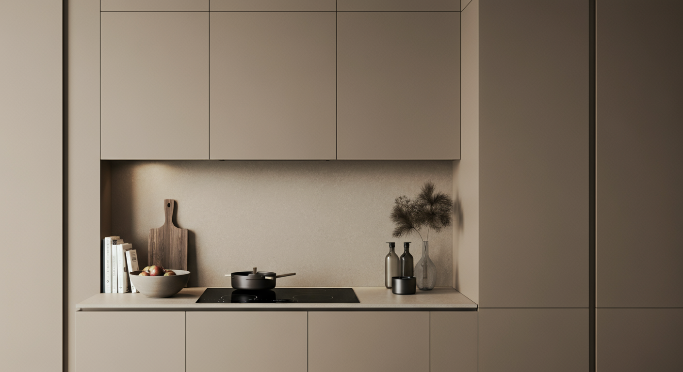 Minimalist kitchen countertop with a cutting board, bowl of fruit, ceramic pot, and decorative vases with dried plants, neutral tones.