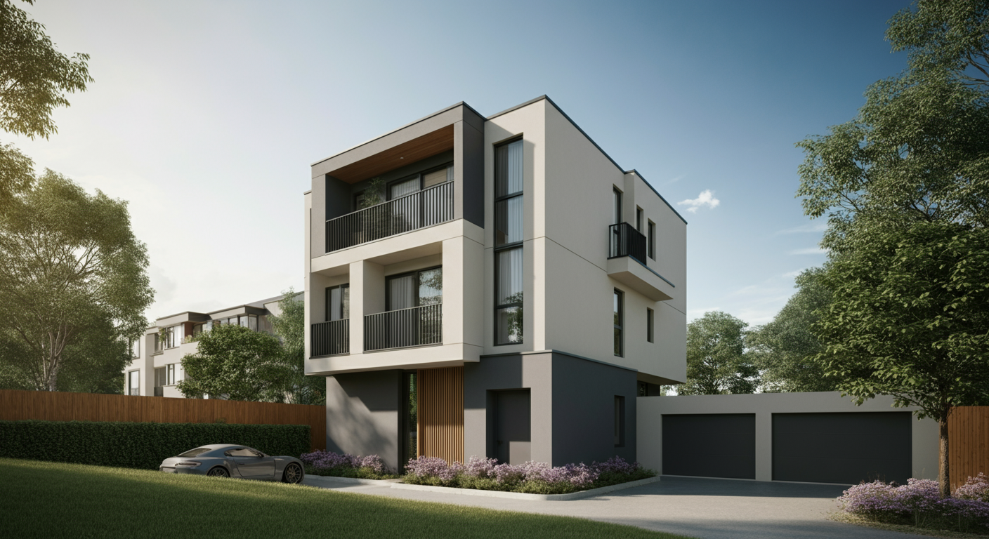 Modern three-story residential building with white and dark gray exterior, balconies with black railings, and a driveway with two garage doors, surrounded by green trees and shrubs.