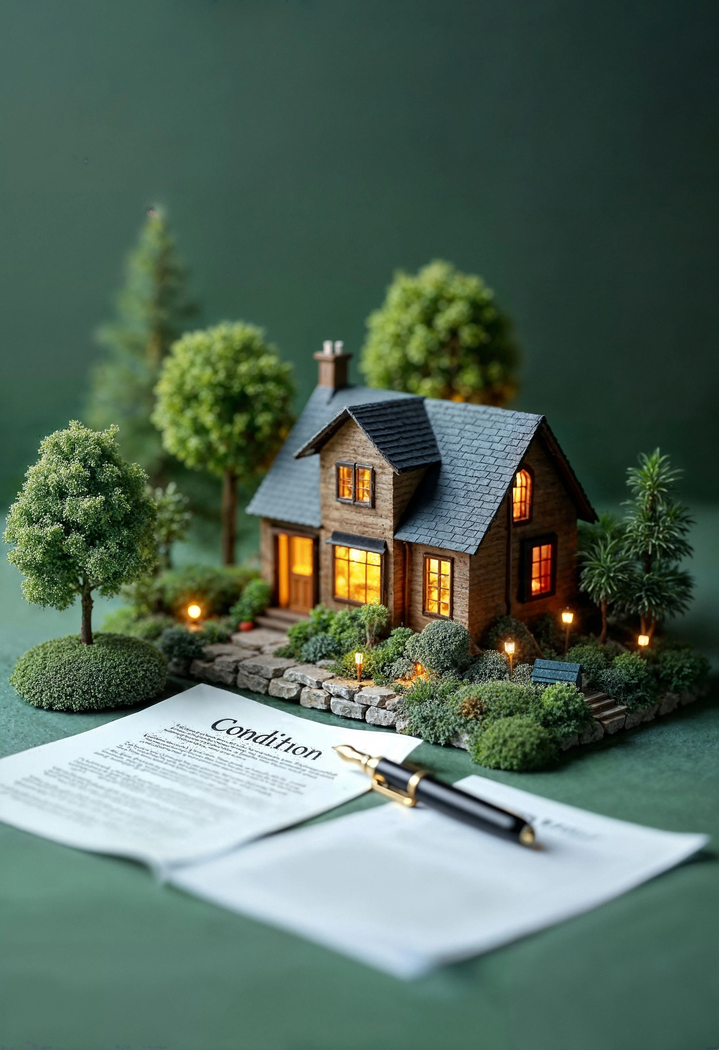 A miniature model of a house with lit windows, surrounded by detailed greenery, placed on a green surface. In front of the house is a document labeled 'Condition' with a black and gold pen lying on top.
