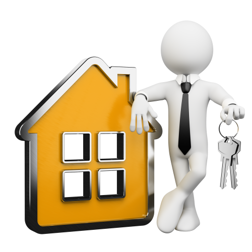 A 3D white humanoid figure holding keys and leaning against a yellow house-shaped icon with four windows.