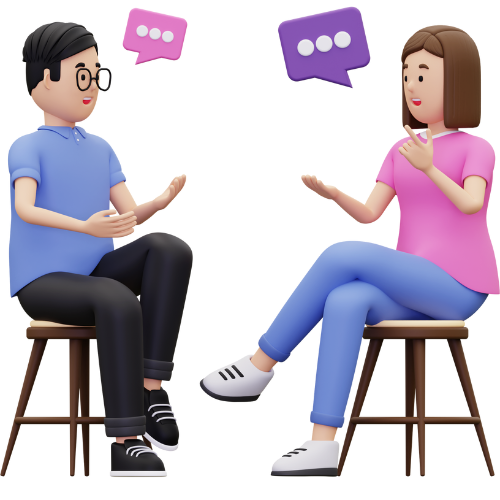 Two animated characters, a young man and woman, sit on stools facing each other engaging in conversation. The man has black hair, glasses, and is wearing a blue shirt and black pants. The woman has brown hair and is wearing a pink shirt and blue jeans. There are two speech bubbles above them, one purple and one pink, indicating they are exchanging messages.
