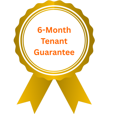 Gold ribbon award with a white circular center displaying the text '6-Month Tenant Guarantee' in orange.