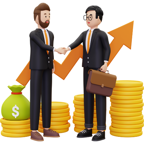 Two animated businessmen shaking hands with stacks of coins, a money bag, and an upward trending arrow in the background.