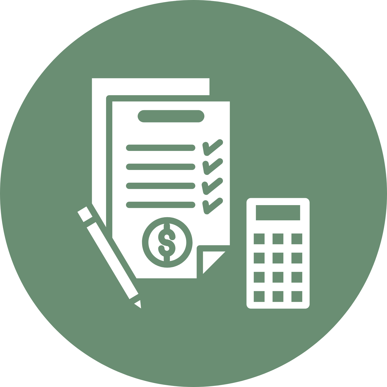 Graphics of a financial report, calculator, and pen on a green circular background.