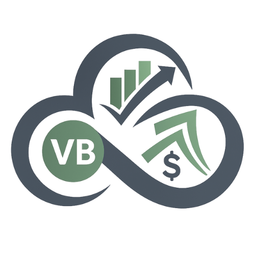 An infinity symbol with the letters 'VB' inside a circle, with upward trending bar chart, upward arrow, and dollar sign representing financial growth.