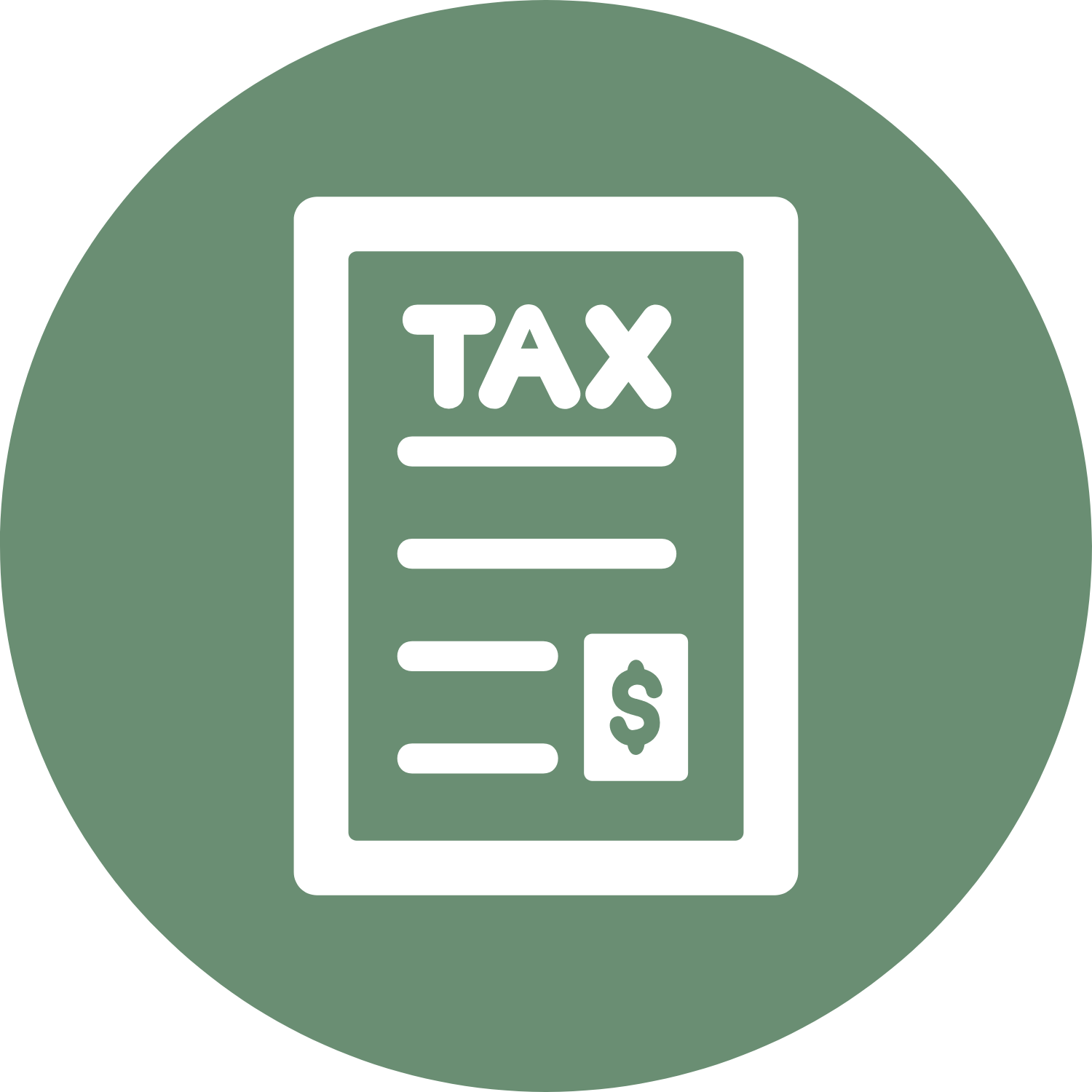 Icon of a tax document with a dollar sign on a green circular background.