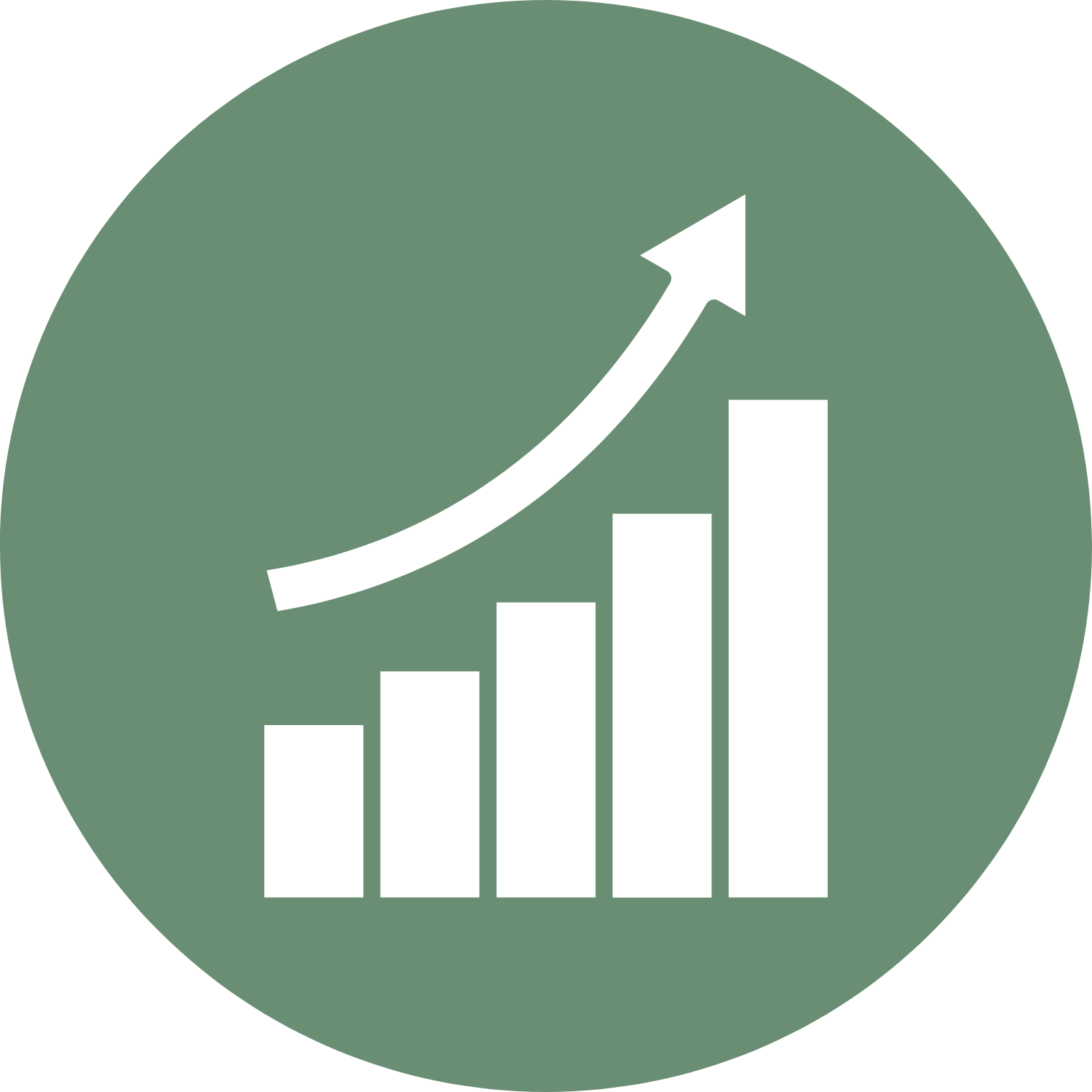 Green circular icon with a white upward-trending bar chart and arrow indicating growth or progress.