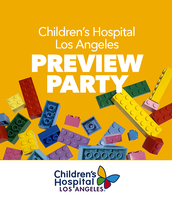 Children's Hospital Los Angeles preview party promotional card with colorful toy building blocks on a yellow background.