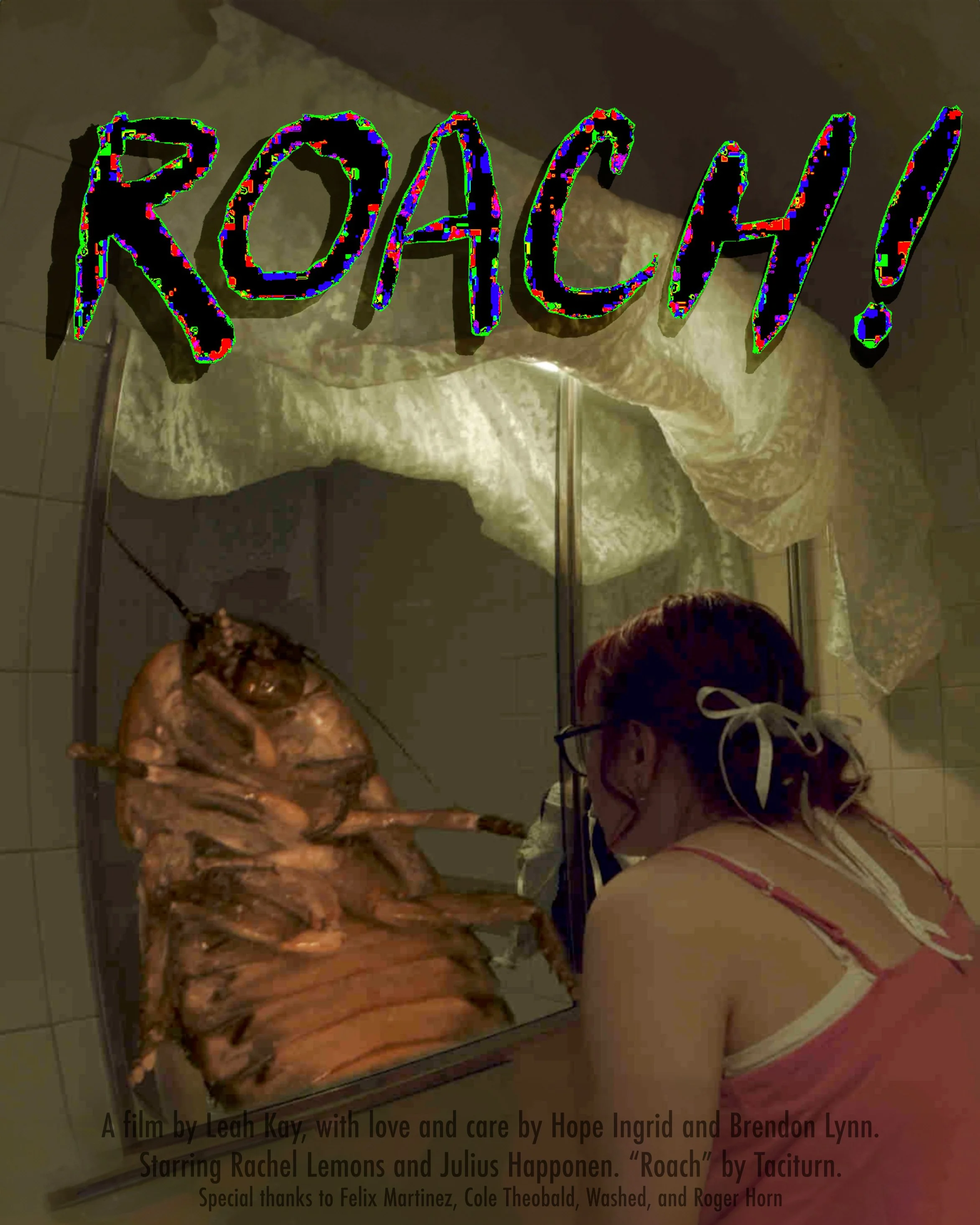 A girl with red hair and a pink tank top looks in the mirror of a dark, dirty bathroom. Her reflection is replaced with the image of a giant cockroach
