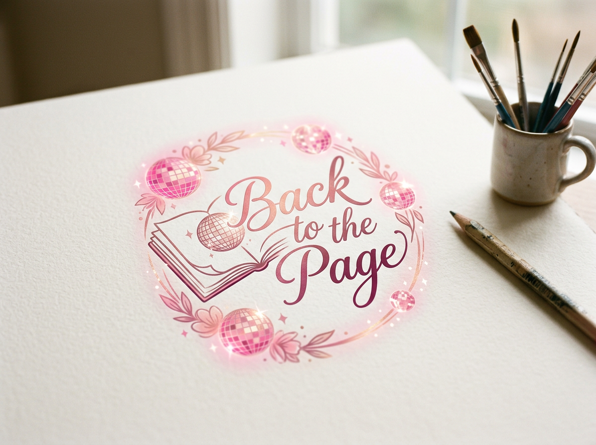 A paper with a pink design reading 'Back to the Page', surrounded by pink disco ball illustrations and floral accents, with a jar of paintbrushes and a pencil nearby.