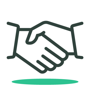 Line drawing of two hands shaking over a green oval