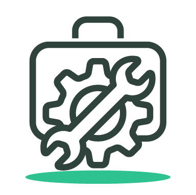 Toolbox with gear and wrench symbols in line art style.