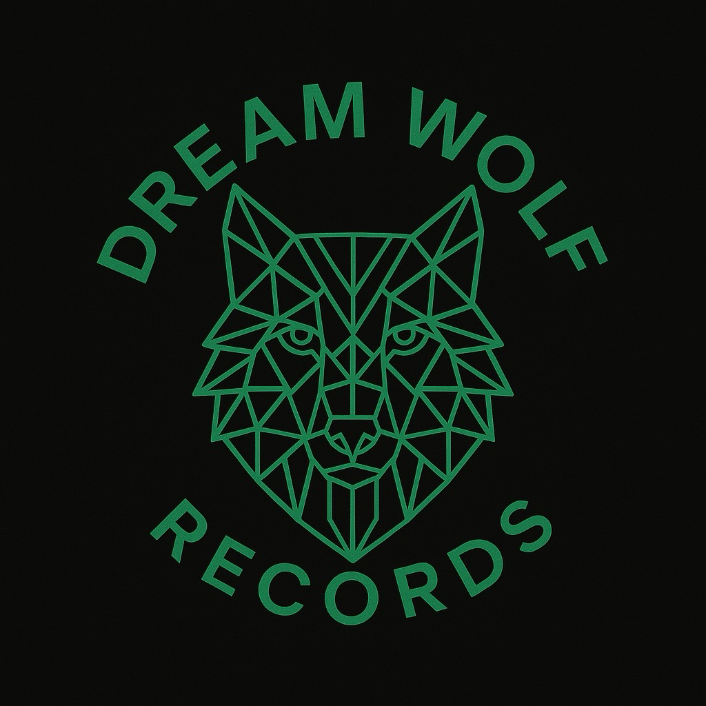 A logo with a geometric wolf face in green lines on a black background, and the words "Dream Wolf Records" arranged around it.