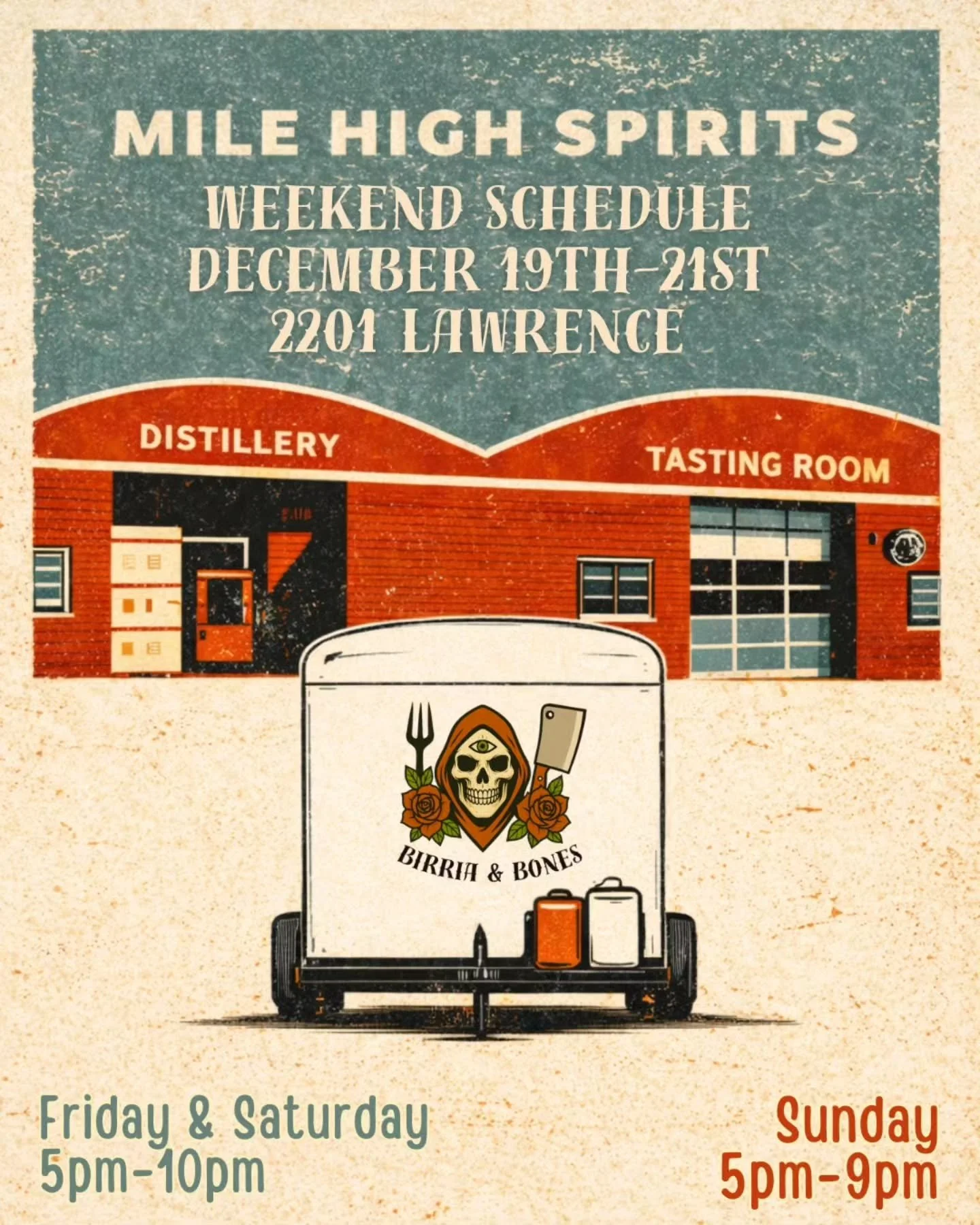 💀 Dripping with flavor all weekend 🔥
Birria &amp; Bones is popping up at Mile High Spirits with bold eats and good vibes.

🗓️ Friday &amp; Saturday | 5&ndash;10pm
🗓️ Sunday | 5&ndash;9pm &mdash; BINGO Night! 🎉
📍 Mile High Spirits

Come hungry. 