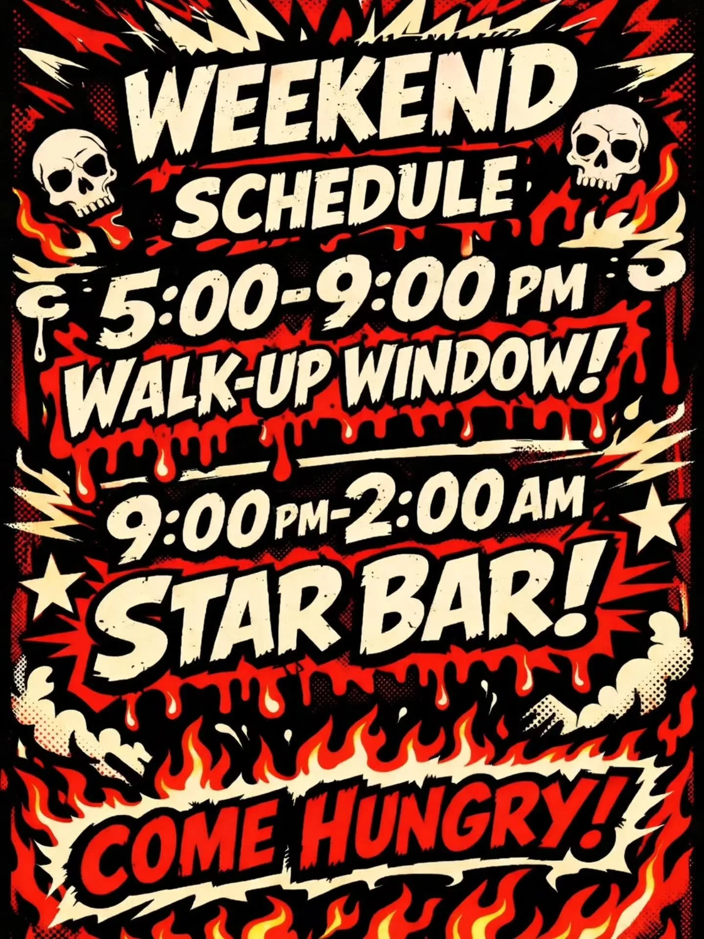 The weekend runs on drip and late-night decisions. 🔥
Catch us at the window while the sun&rsquo;s still up, then find us at Star Bar when the night gets loud. Same flavor, different chapter. 🍖💀

5&ndash;9 walk-up window
9&ndash;2am Star Bar
Your m