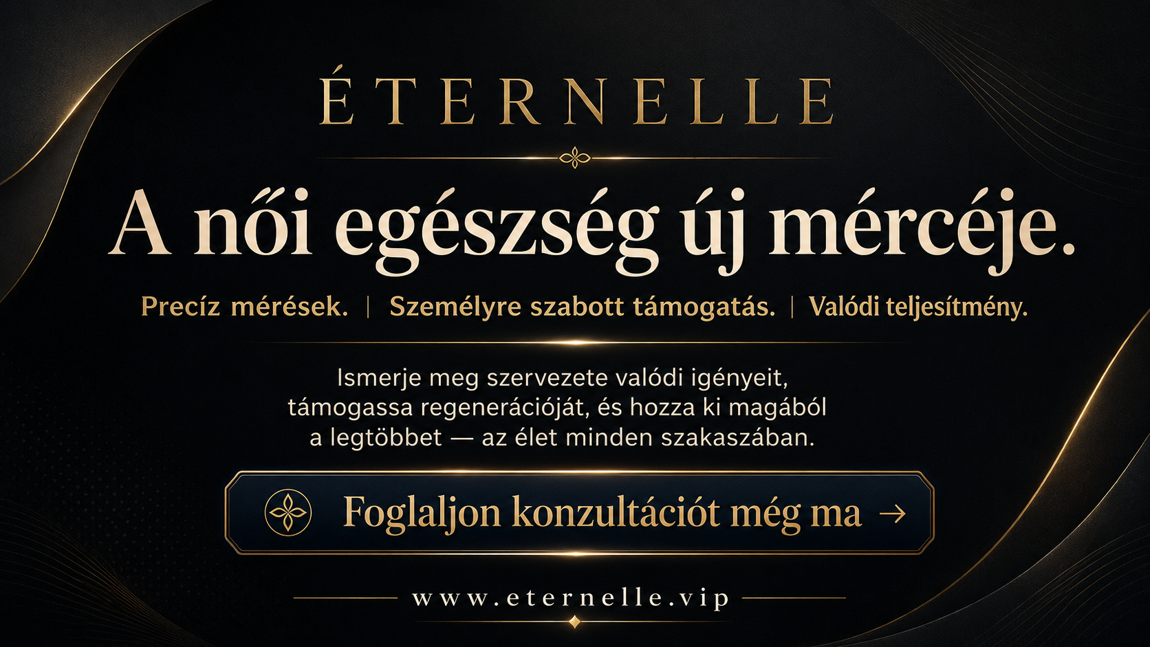 A promotional digital graphic for Éternelle, a health and wellness service, featuring gold and black elegant design elements. The text highlights precise measurements, personalized support, and real performance benefits, with a call-to-action button to schedule a consultation.