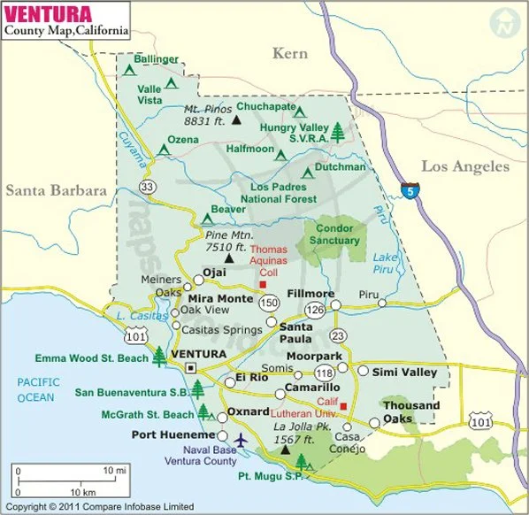 Map of Ventura County highlighting NCCO Build’s roofing and construction service coverage throughout the area.