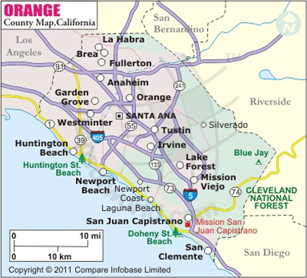 Map of Orange County showing all cities served by NCCO Build for roofing and residential construction projects.