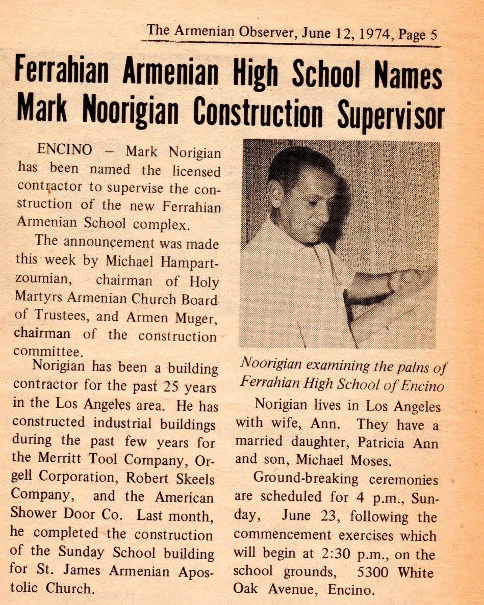 Black and white newspaper clipping from The Armenian Observer dated June 12, 1974. It features an article about Mark Norigian, a construction supervisor for Ferrahian Armenian High School, with a photo of Norigian examining palm trees.