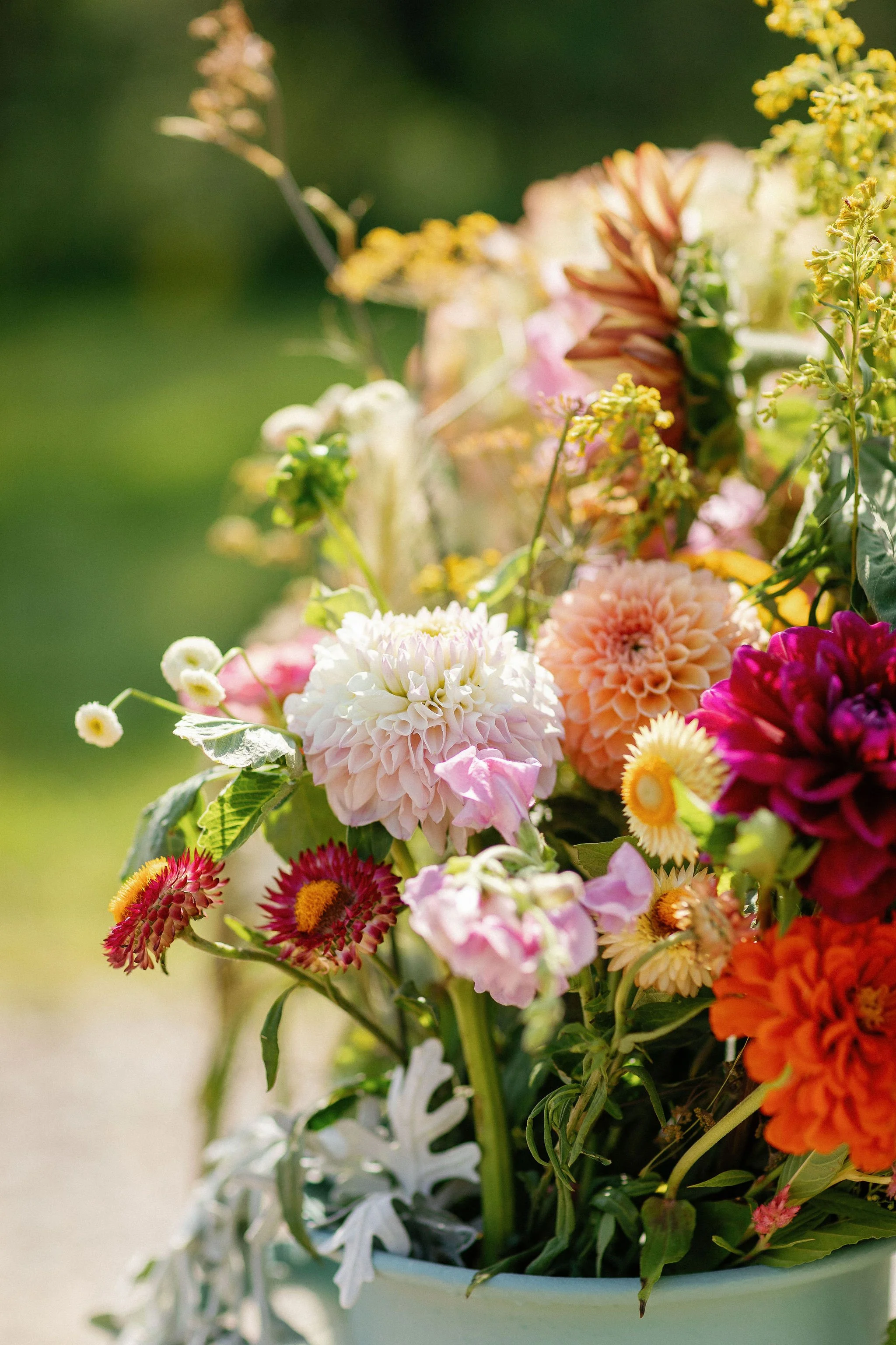 A colorful bouquet of various flowers in a blue container outdoors, with a green background.