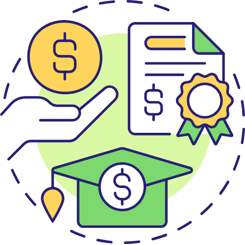 Illustration of a hand holding a coin, a document with a gold seal, a graduation cap with a dollar sign, and a dollar coin, representing financial education or scholarship.