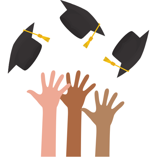 Three raised hands of different skin tones with graduation caps and diplomas flying above them.