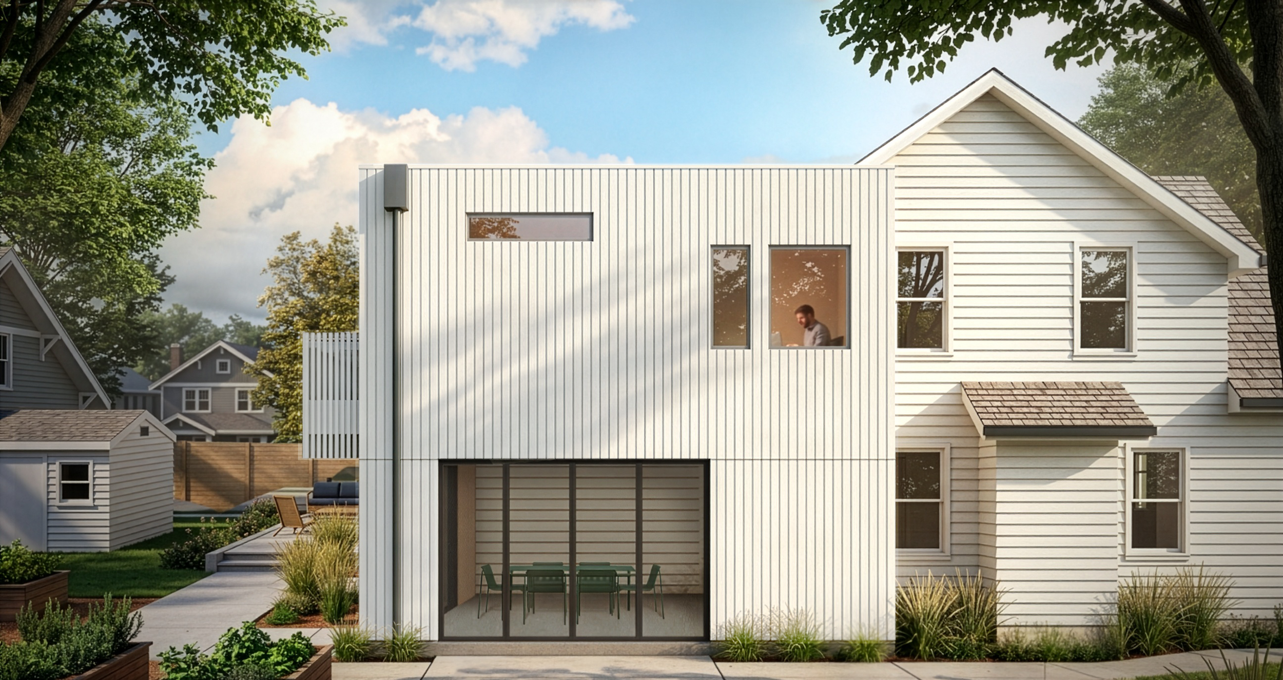 Modern white house with large glass sliding door on the ground floor, multiple rectangular windows, vertical siding on front, and a person working on a laptop inside visible through a window. Neighborhood with similar houses and green trees in the background.