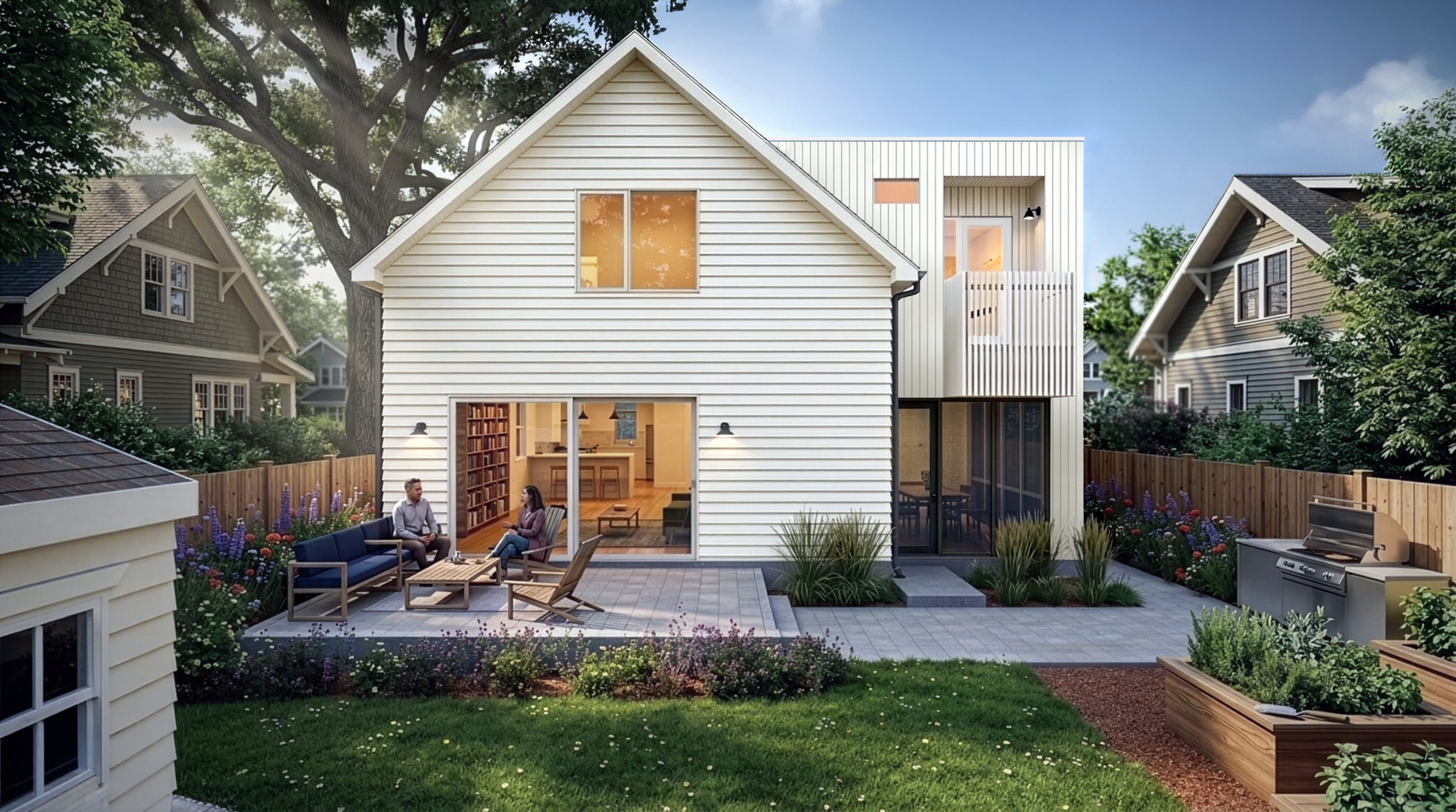 Backyard patio with outdoor seating, garden, grill, and view of modern house exterior with large windows and a fenced yard.
