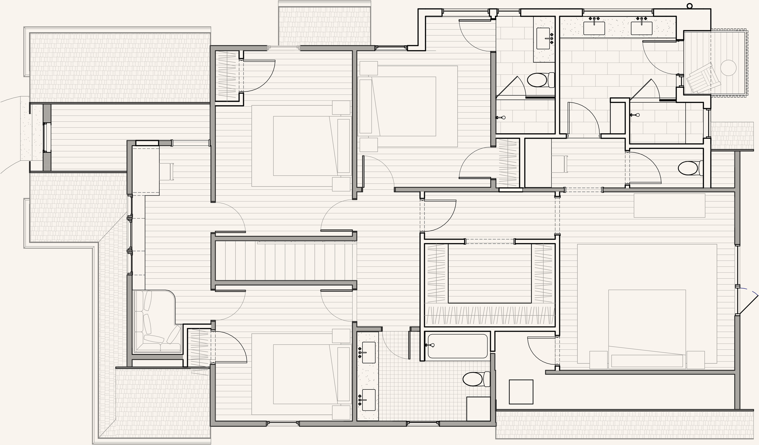 Architectural floor plan of a residential house displaying multiple rooms, including bedrooms, bathrooms, living areas, and outdoor spaces.