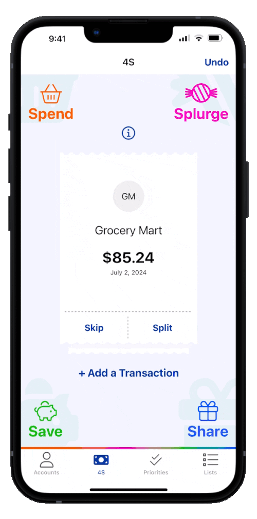 A swipeable interface for expense tracking with four categories: Spend Splurge Save Share