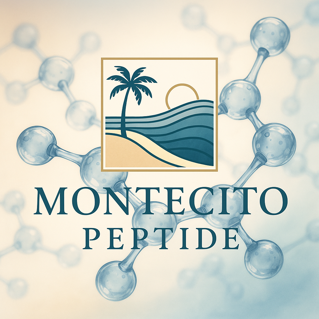 Graphic of a molecular structure in the background, with a logo featuring a palm tree, waves, a sunset, and the text "Montecito Peptide" in the foreground.