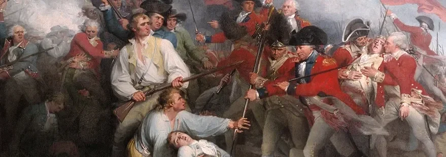 Historical battle scene with soldiers fighting, some injured or fallen, on a smoky battlefield.