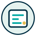 Icon of a document with lines of text and a gold seal or stamp