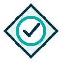 A checkmark inside a circle on a tag-like shape.
