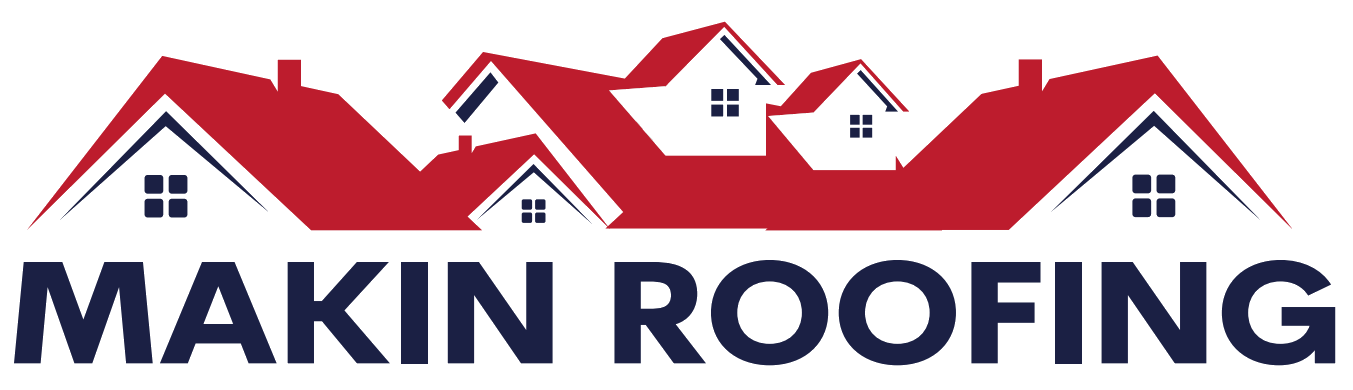 Multiple rooftops with red shingles and small windows above the text 'Making Roofing' in bold dark blue font.
