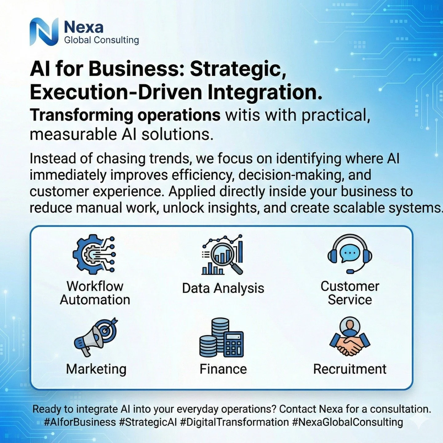 Most companies are asking the wrong question about AI.

It's not "Which tool?" It's "Where can AI create value TODAY?"

Introducing AI for Business&mdash;strategic, execution-focused consulting that integrates AI into your operati