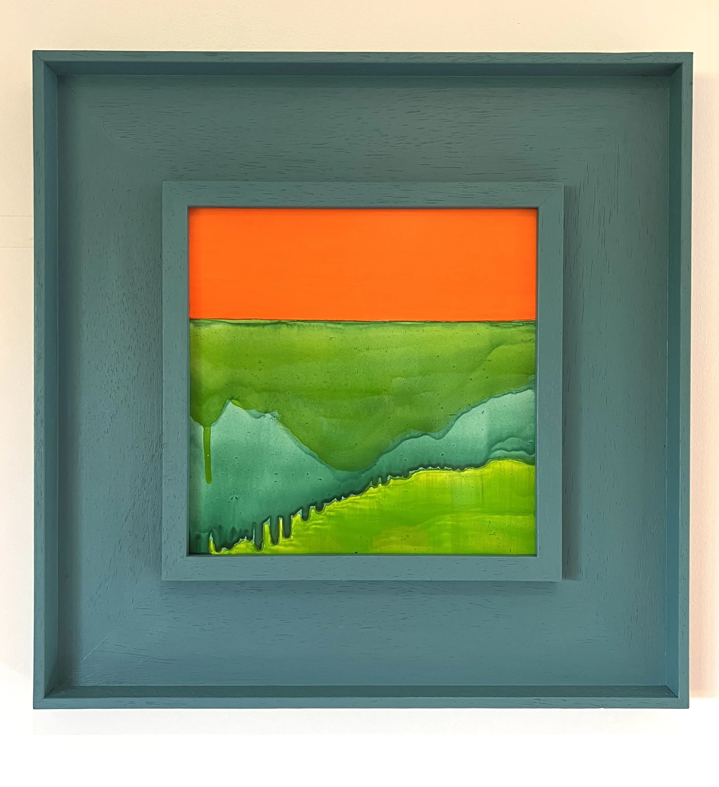 Orange and Green abstract oil painting in a St Ives Frame