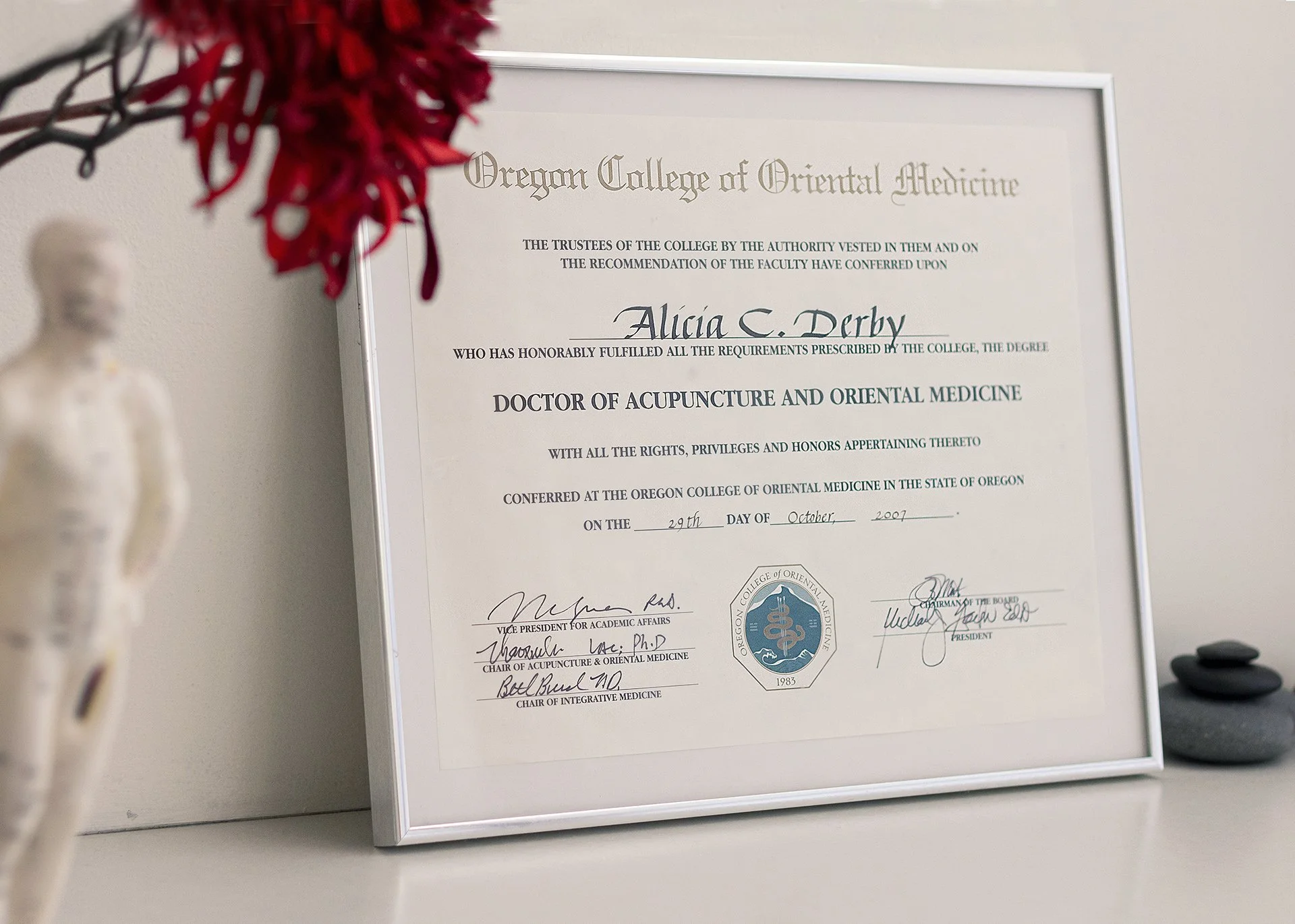 A framed diploma from Oregon College of Oriental Medicine awarded to Alicia C. Derby for Doctor of Acupuncture and Oriental Medicine, dated October 29, 2007, on a white shelf with a blurred decorative object and a miniature statue nearby.