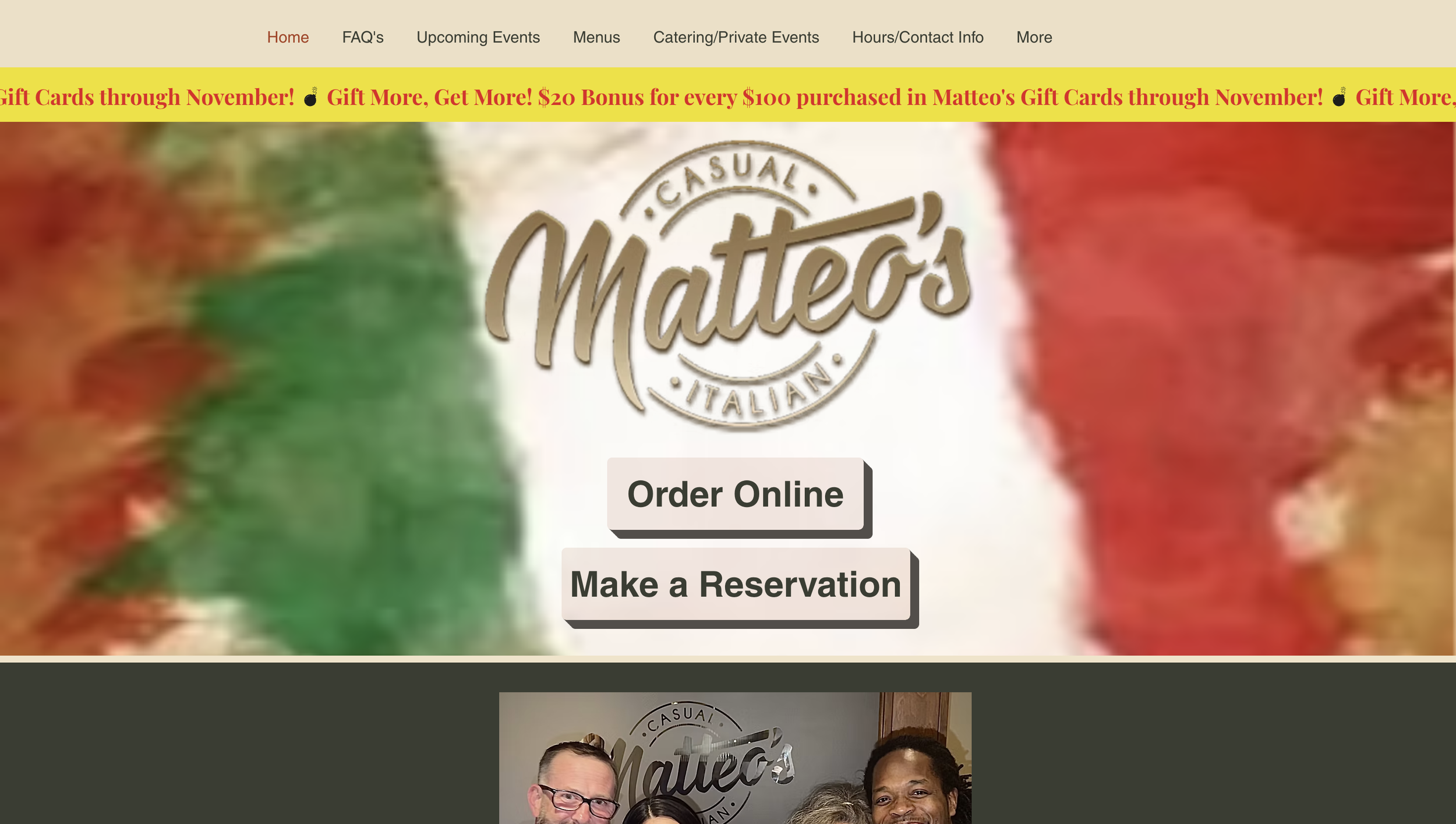 Screenshot of Mateo's Italian restaurant website home page with an Italian flag background, restaurant logo, and buttons for online ordering and reservations.