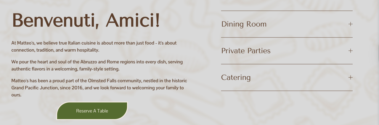 Welcome message for Matteo's Italian restaurant with sections for dining, private parties, and catering, and a green button labeled 'Reserve A Table'.