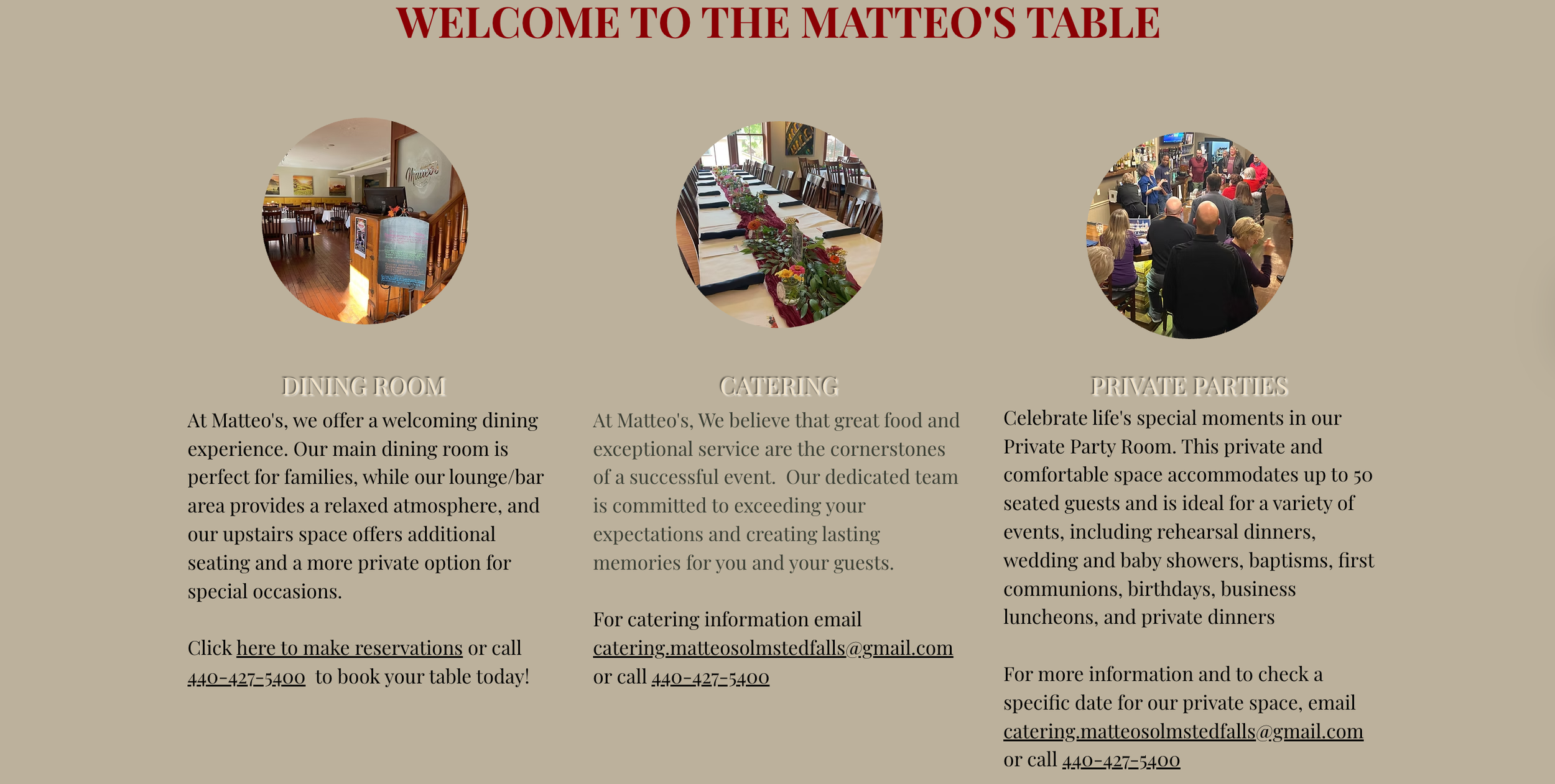 A webpage titled 'Welcome to the Matteo's Table' with three sections: Dining Room, Catering, and Private Parties. Each section has a photo and a brief description of the services offered by Matteo's restaurant.