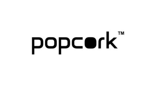 Popcorn brand logo in black and white.