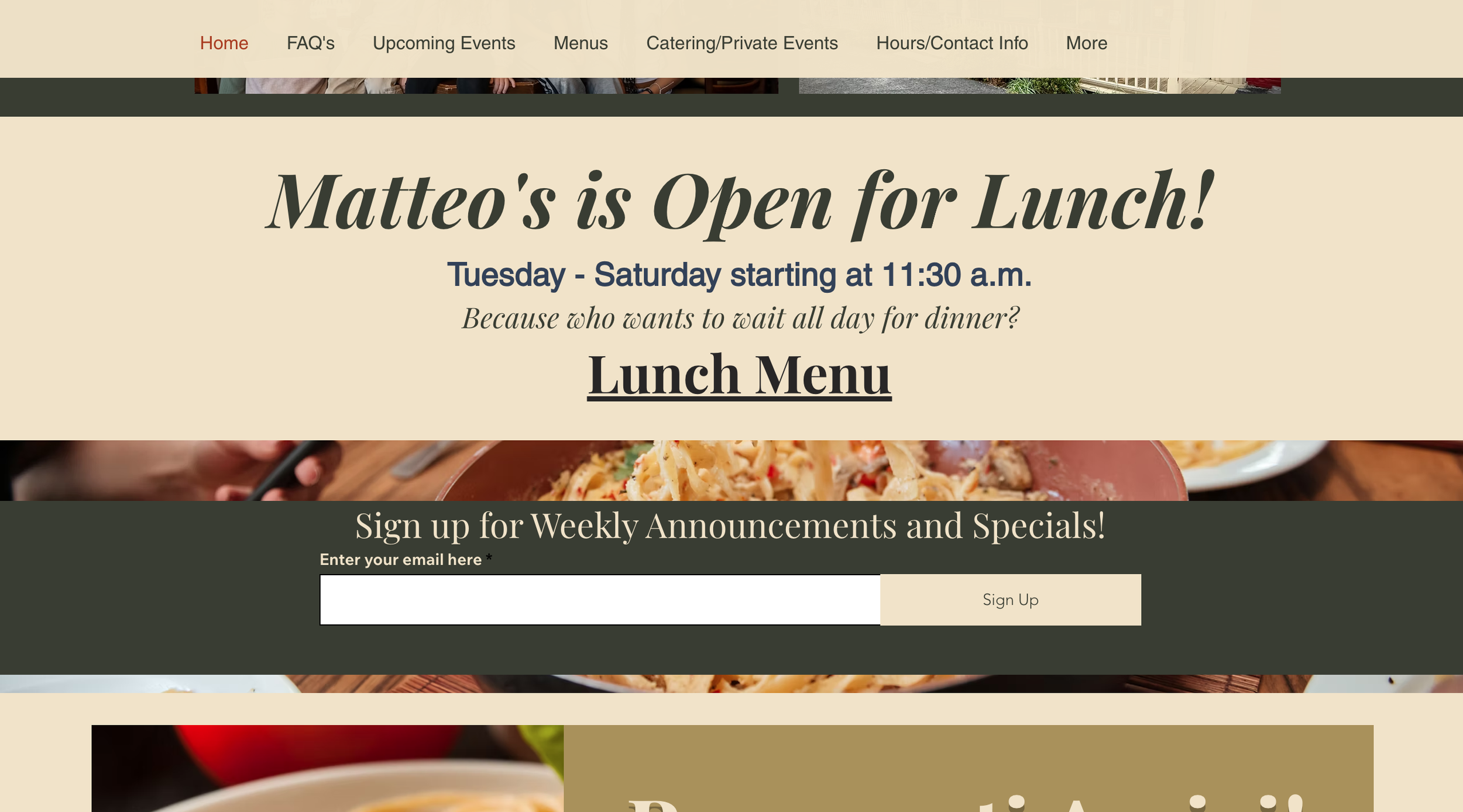 Restaurant website homepage announcing Matteo's lunch hours, menu, and weekly newsletter sign-up with a background image of pasta dishes.