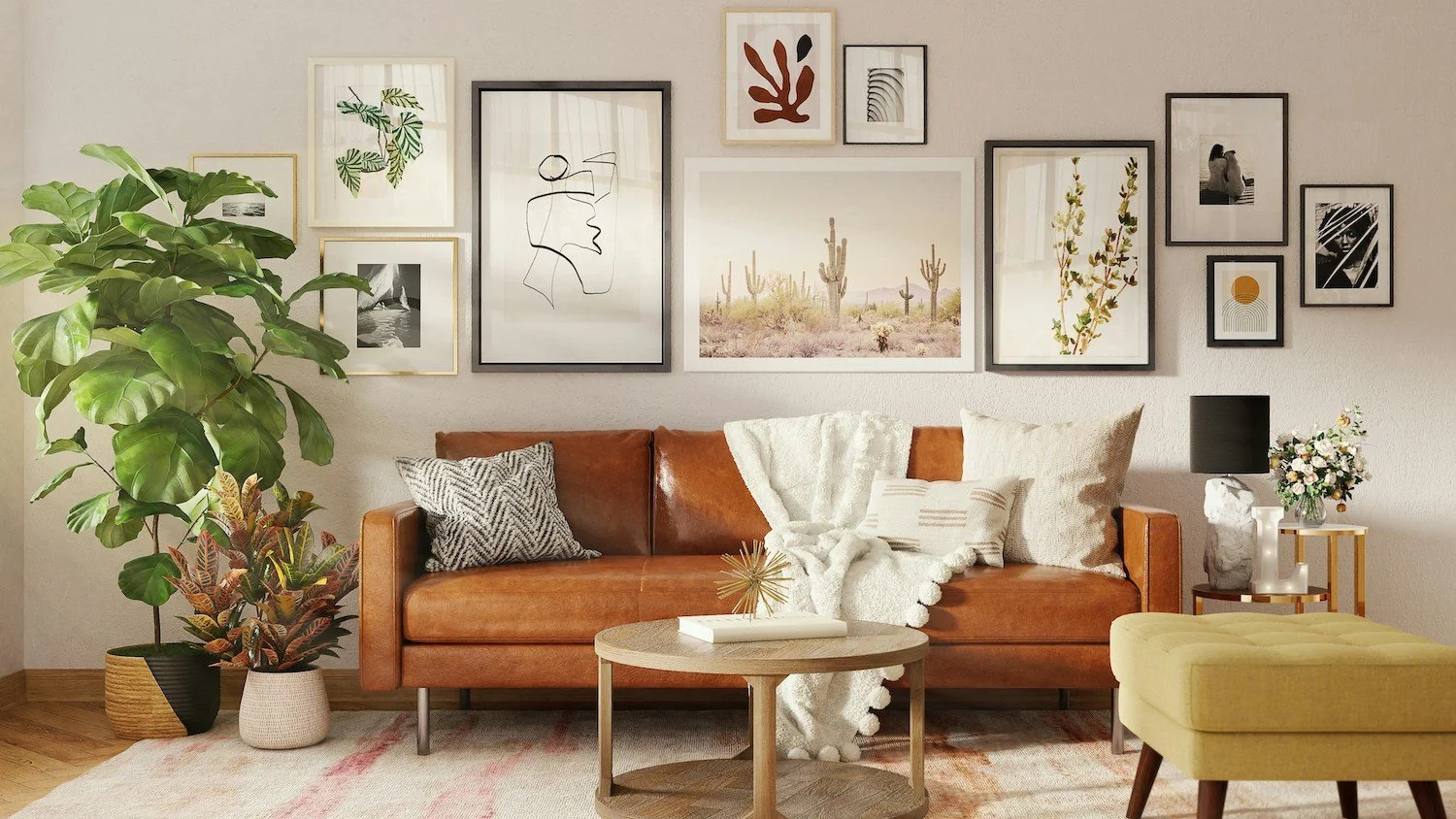 Living room with a brown leather sofa, a large green potted plant, wall art in various frames, a small round wooden coffee table with decorative items, a black lampshade, a yellow ottoman, and a bouquet of flowers on a side table.