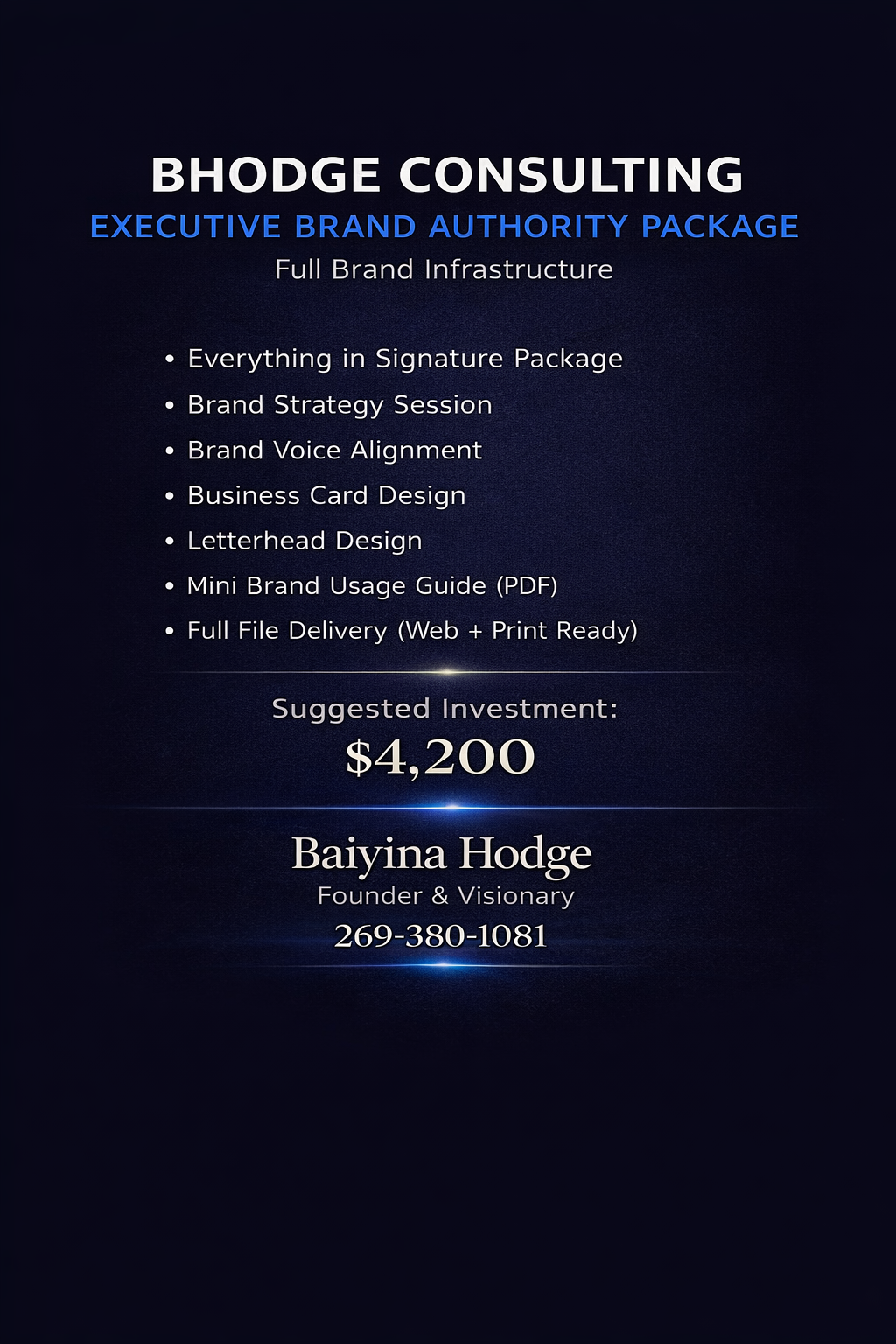 Advertisement for Bhodge Consulting's executive brand authority package, listing services such as brand strategy, voice alignment, business card and letterhead design, and brand usage guide, with investment suggestion of $4,200 and contact info for Baivina Hodge.