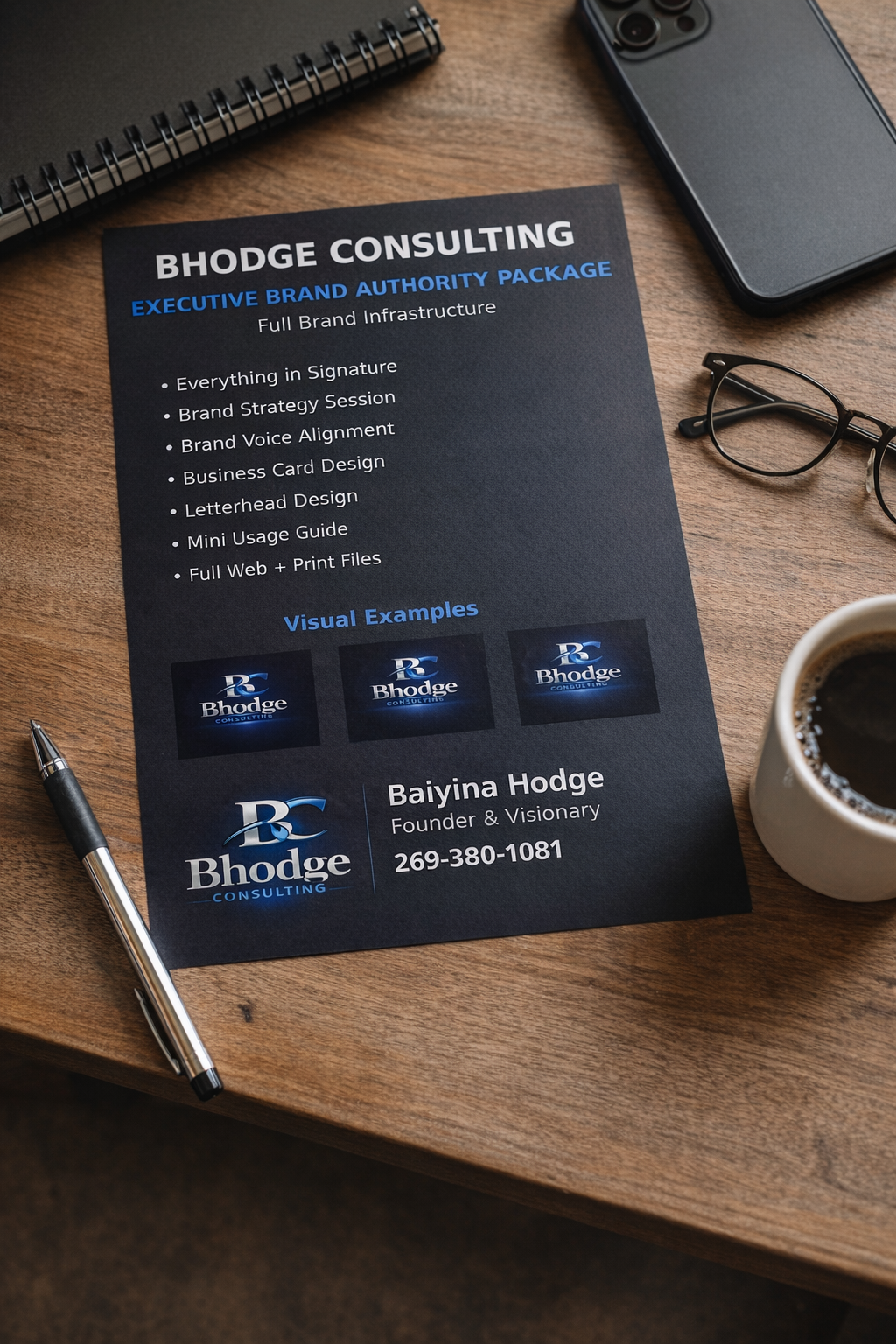 A professional brochure for Bhodge Consulting on a wooden desk with a cup of coffee, glasses, a notebook, and a pen.