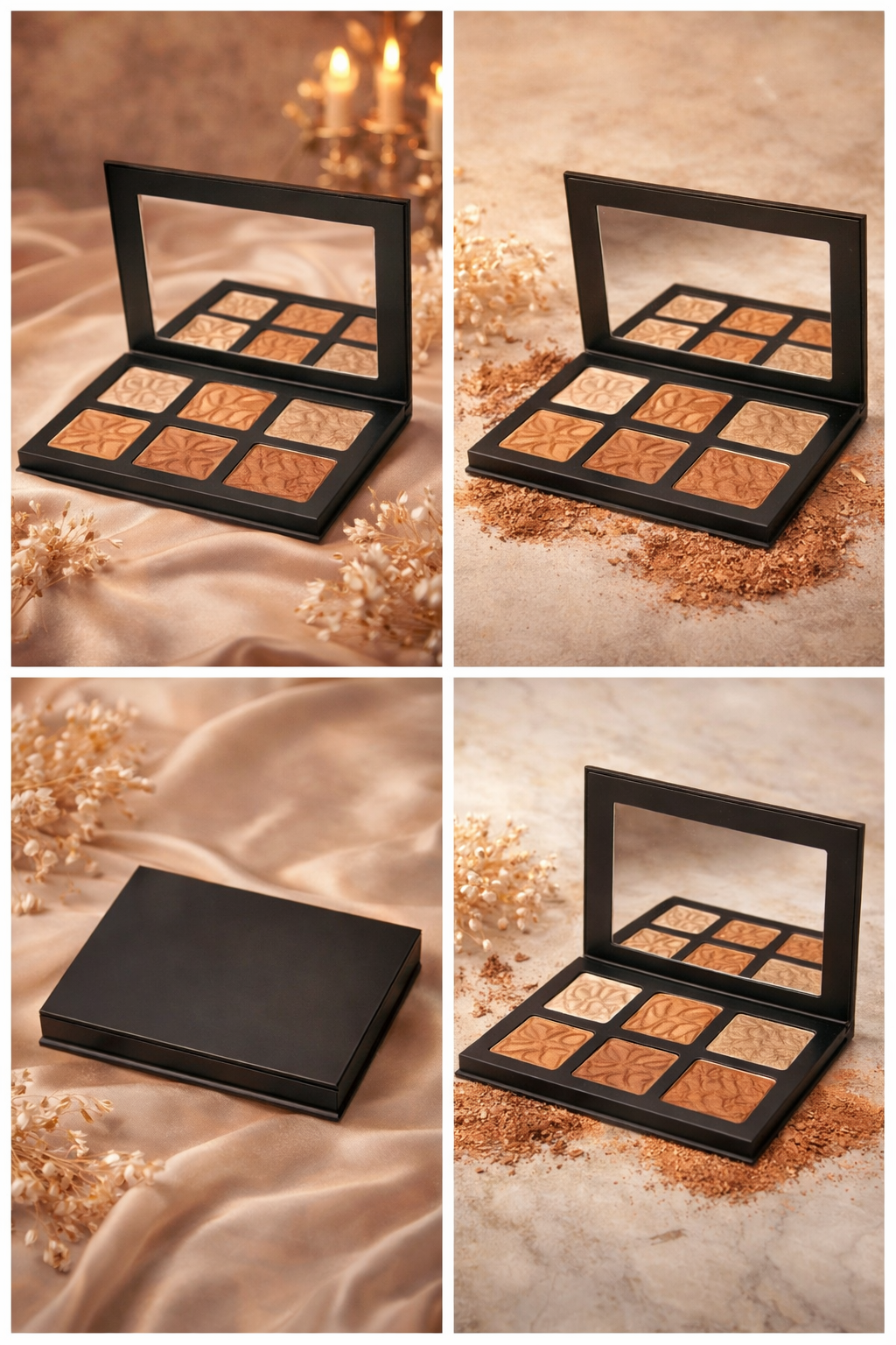 A makeup palette with six shades of eyeshadow in a black case with a mirror, shown from different angles on a beige fabric and textured surfaces with dried flowers and scattered powder. Beyond Beautiful Cosmetics Gifts and Interactive Engagements 