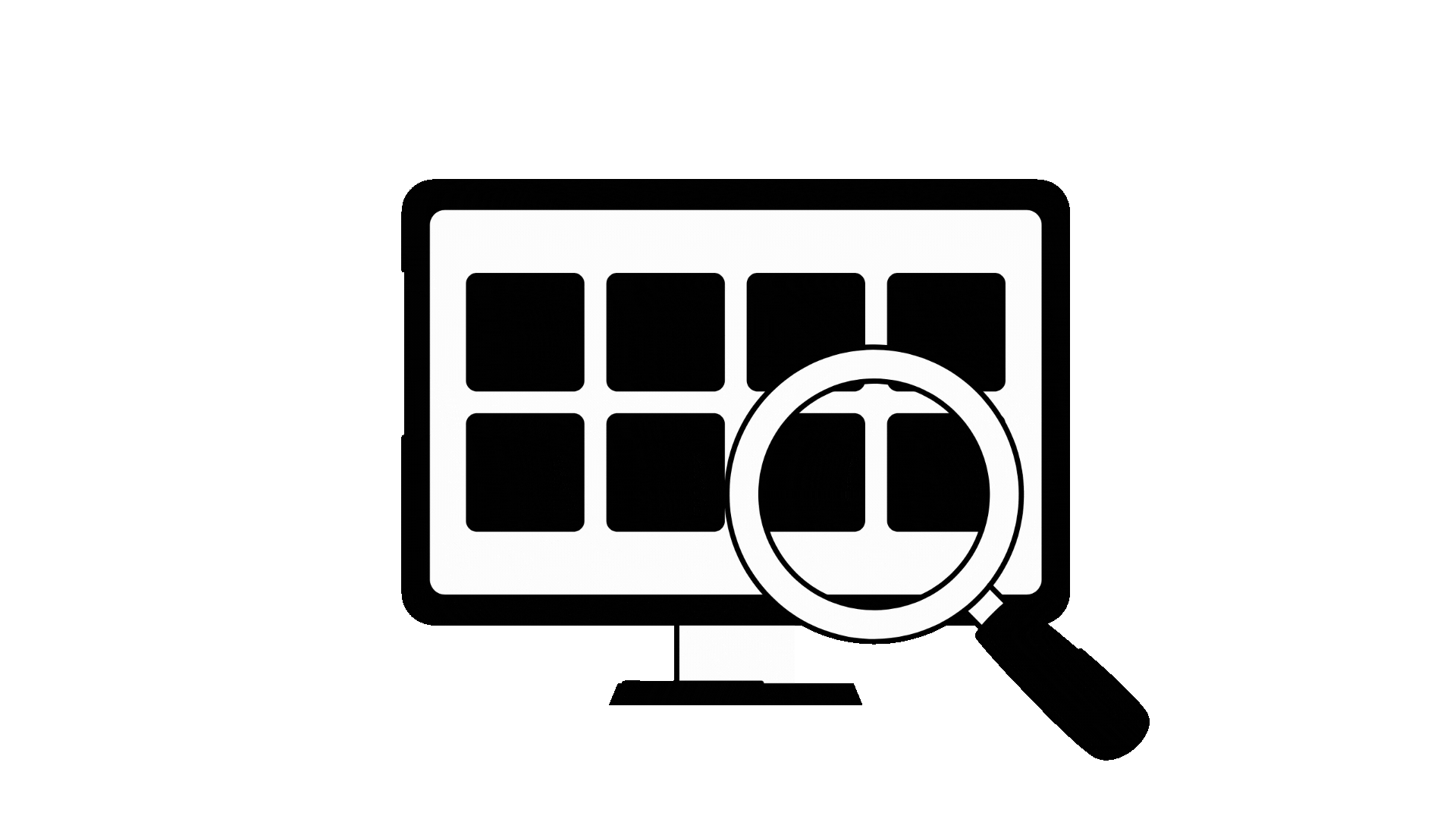 Computer monitor with a grid of squares representing an application or software, with a magnifying glass overlay indicating a search or zoom function.