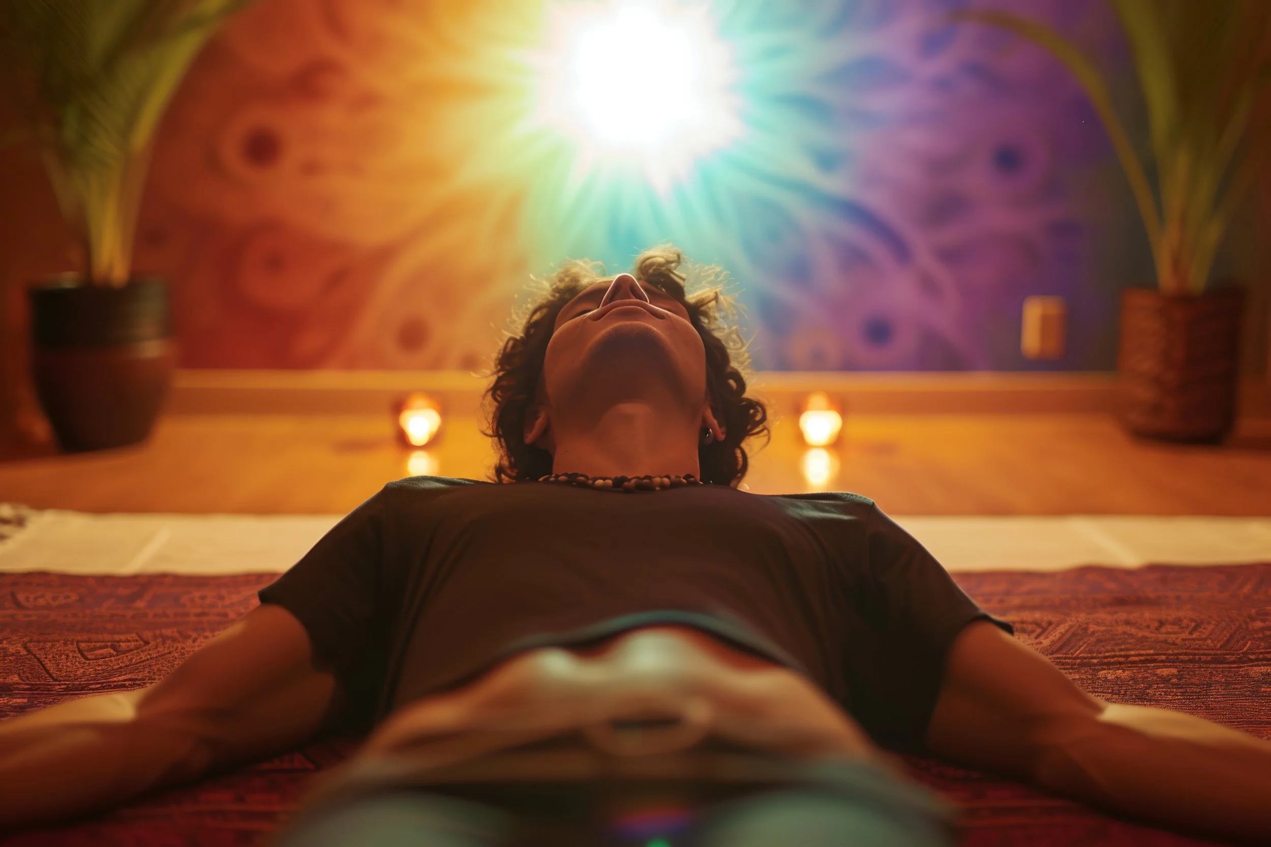 man soaking in rainbow light, undergoing nervous system healing and retraining in the East Bay