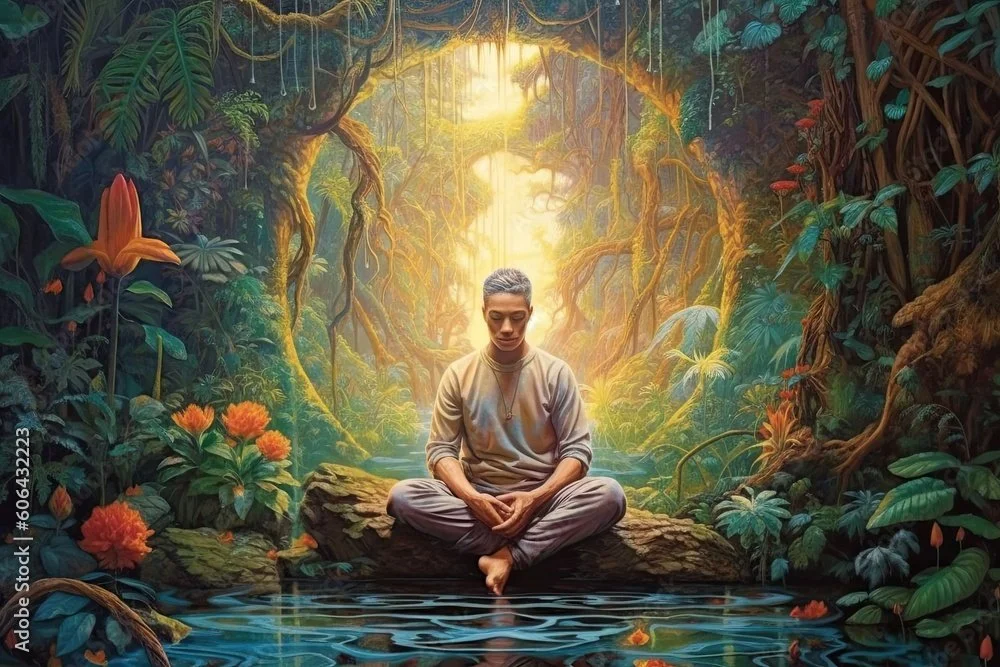 man meditating in a magical forest  bathed in light, taking a consciousness expanding breathwork journey in Oakland